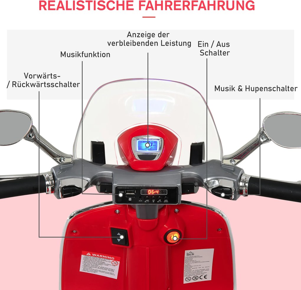 Motocykl dla dzieci HOMCOM z muzyką MP3 marki VESPA czerwony