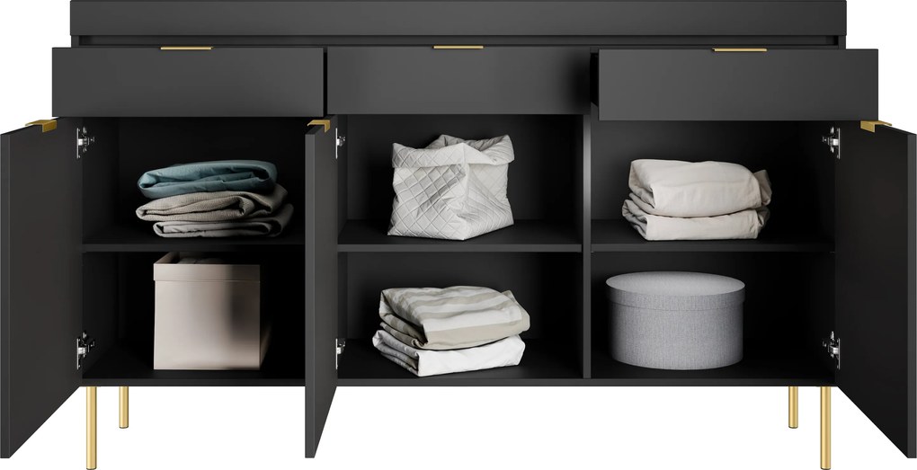 Komoda trzydrzwiowa Sentia 157 cm z trzema szufladami - czarny / złoty