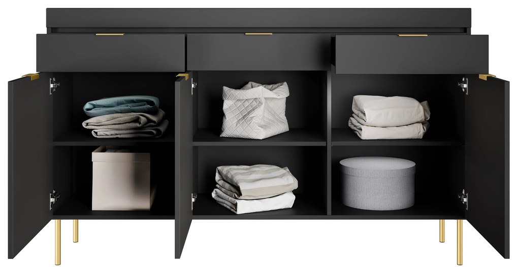 Komoda trzydrzwiowa Sentia 157 z trzema szufladami - czarny / złoty