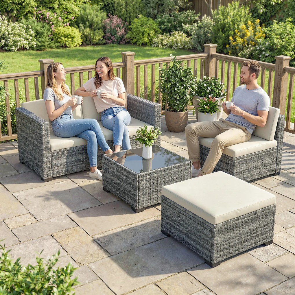 Outsunny Polyrattan Zestaw Mebli Ogrodowych 5-częściowy, Sofa Narożna z Podnóżkiem i Stolik Kawowy, Kremowy + Szary | Aosom PL