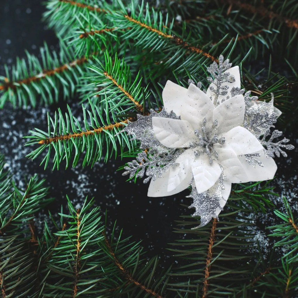 Świąteczna dekoracja Poinsettia z srebrnym klipsem, zestaw 6 szt.