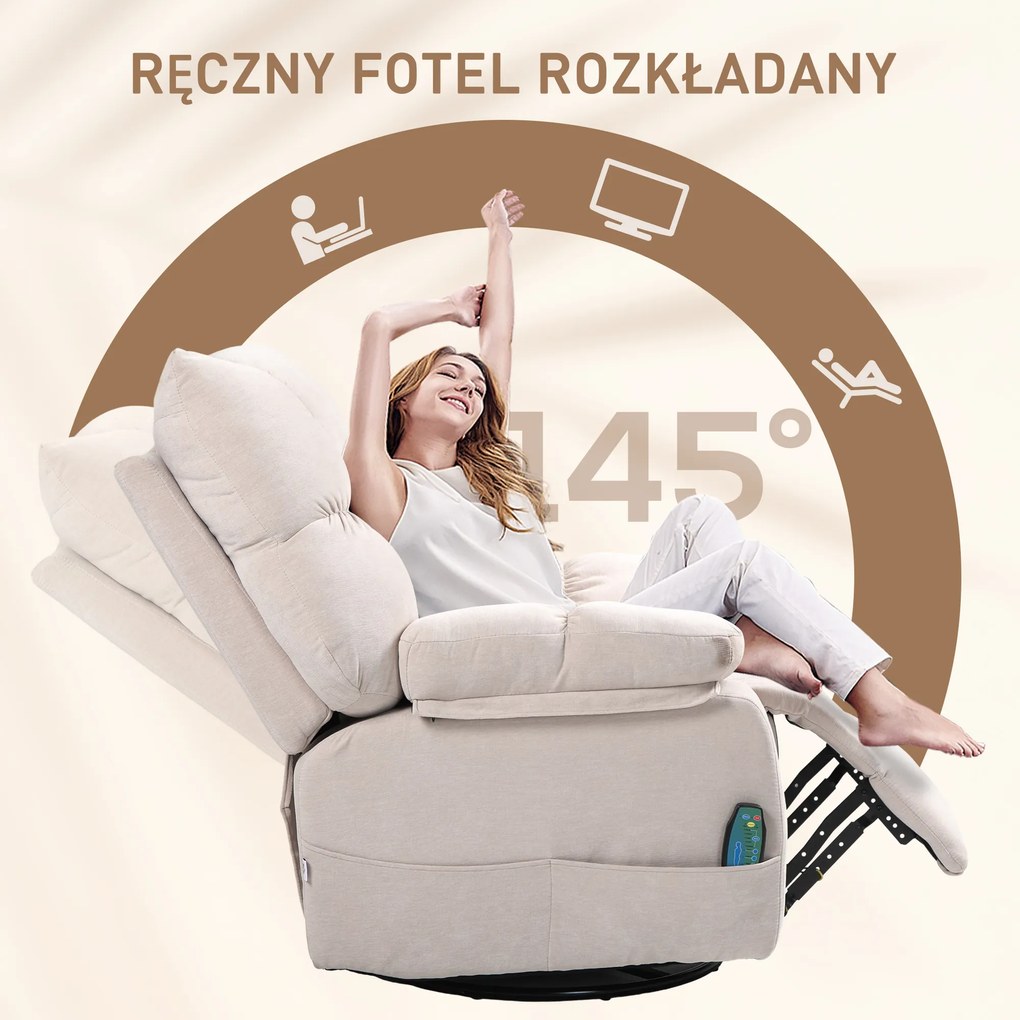 HOMCOM Fotel Masażowy z Funkcją Ogrzewania i Leżenia, Obrotowy, Do 150 kg, Konstrukcja Metalowa, 98x90x98cm, Beżowy
