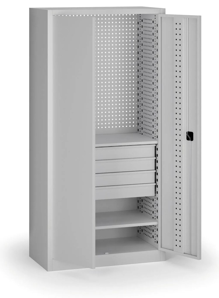 Szafa warsztatowa, 2 półki + 4 szuflady, 1950 × 950 × 500 mm, szare drzwi