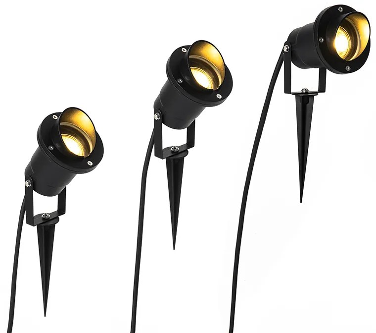 Zestaw 3 czarnych lamp ogrodowych na szpikulcu z przewodem i wtyczką IP65 - Done
