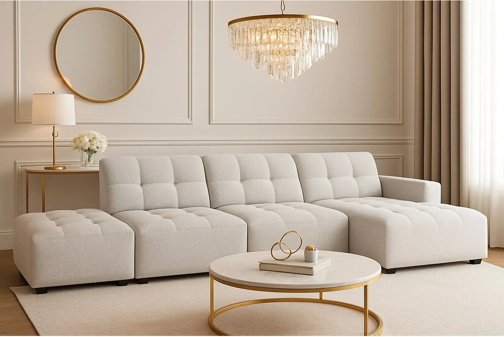 Narożnik z pufą prawostronny Bergamo B – tkanina Raven 6 jasnoszara, 341×166×70 cm