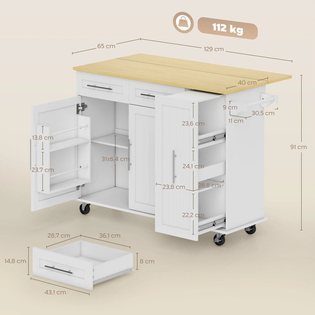 HOMCOM Mobilna wyspa kuchenna, rozszerzalny blat, drzwi szafki, szuflady, uchwyt na ręcznik, wózek kuchenny z MDF, biały | Aosom PL