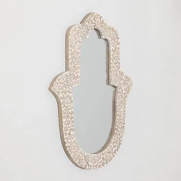 Lustro Ścienne Z Drewna Mango Hamsa Vintage White Wood - Sklum