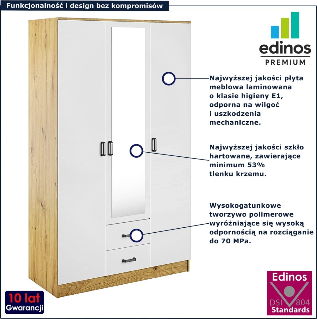 Trzydrzwiowa skandynawska szafa z lustrem dab artisan + biały Z9-S03
