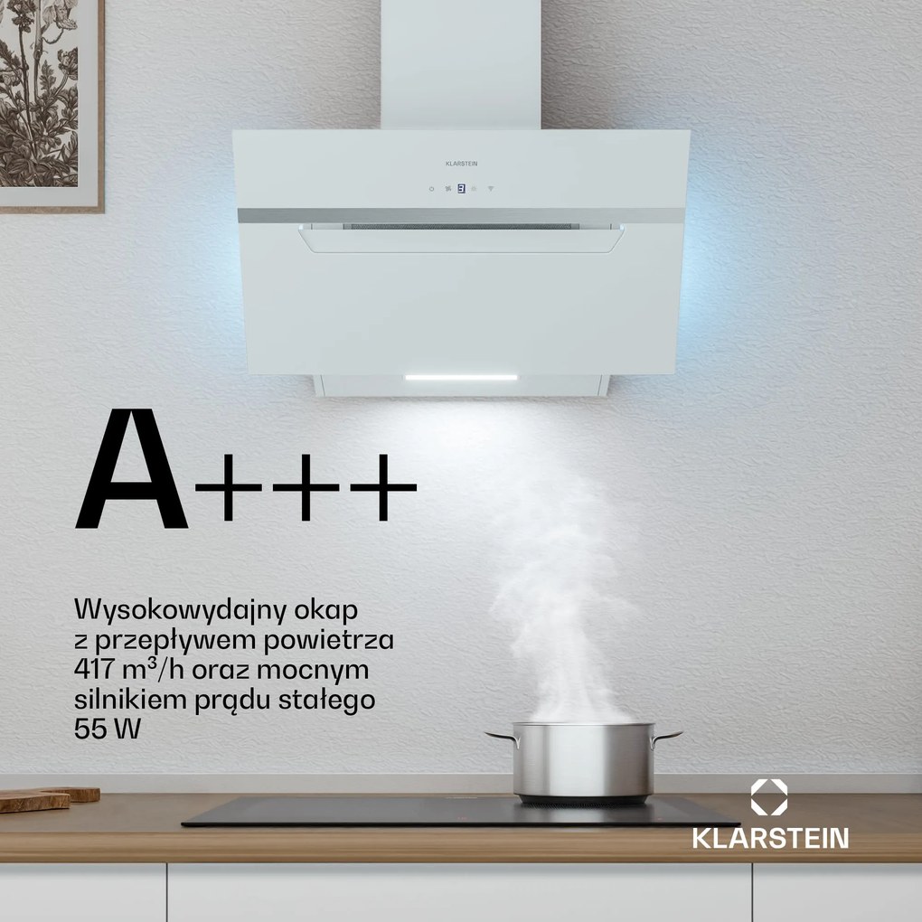 Klarstein BigBite Smart 60cm 417m³/h Okap Przyścienny Skośny Biały