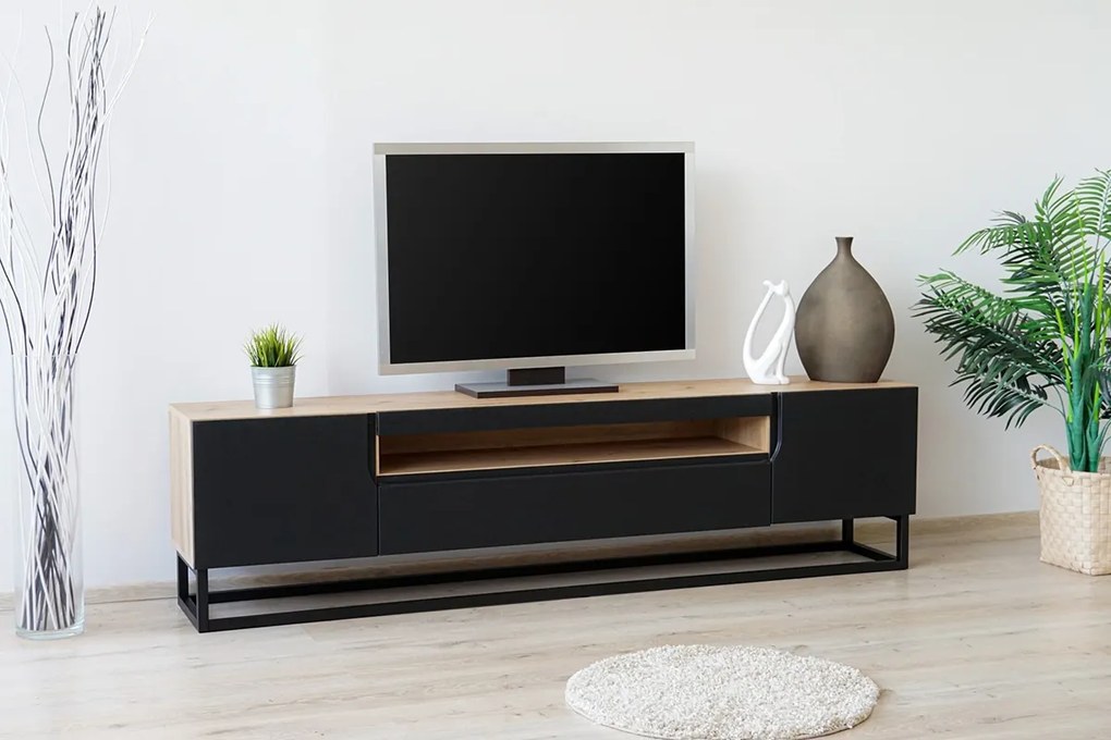 Szafka RTV Loftia 200 cm z wnęką i metalowym stelażem - artisan / czarny mat