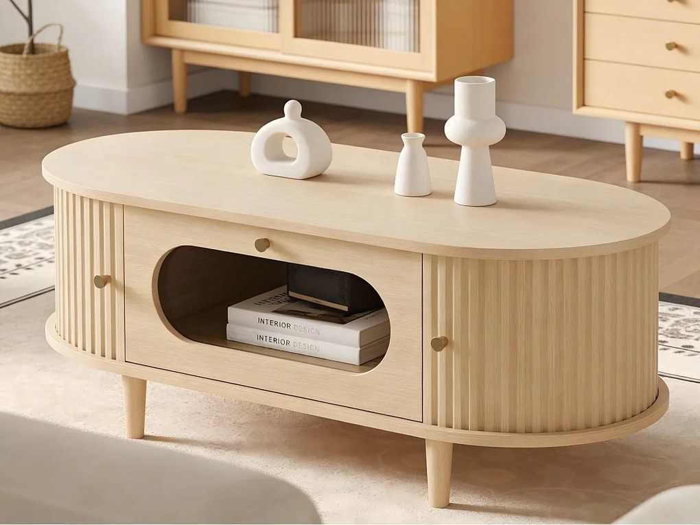 Stolik kawowy z imitacją drewna 100x50x36 cm - 1 szuflada i 2 drzwi przesuwne - MDF - Naturalny