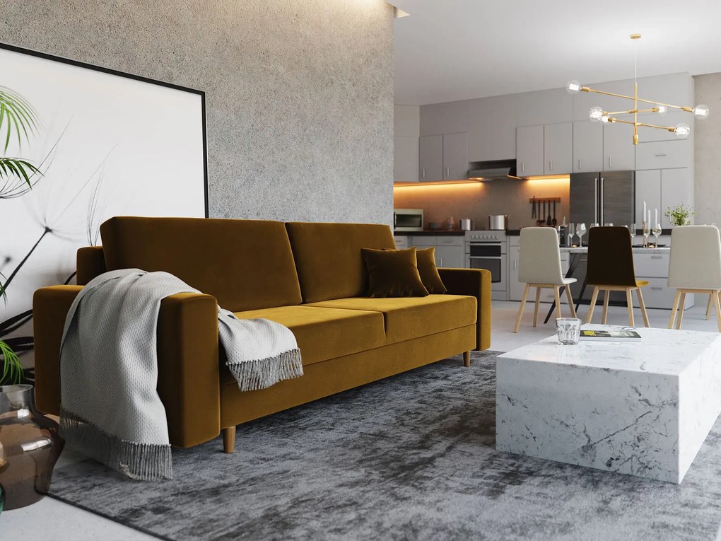 Musztardowa welurowa sofa rozkładana W2-C37