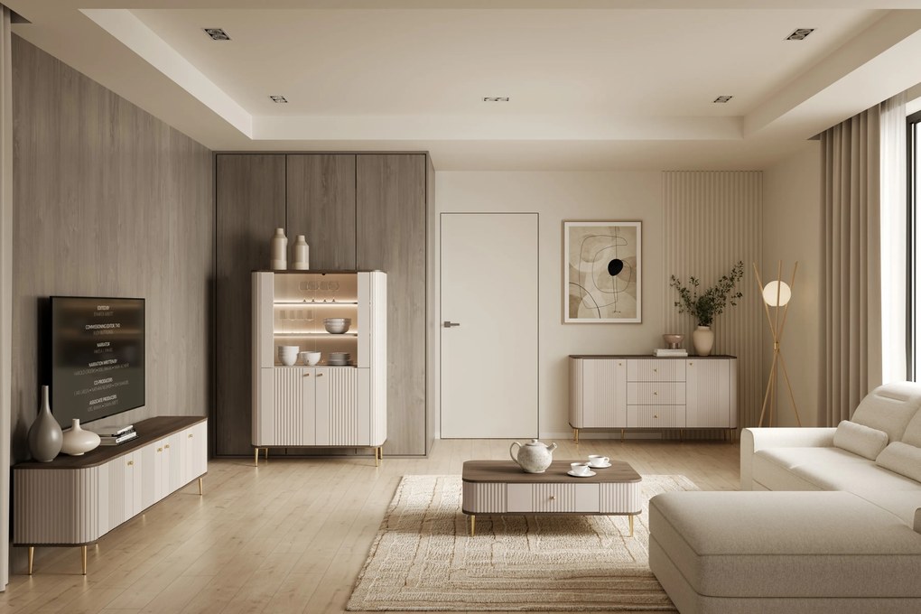 Witryna Vesper 103 cm czterodrzwiowa - kaszmir / orzech / złote nogi