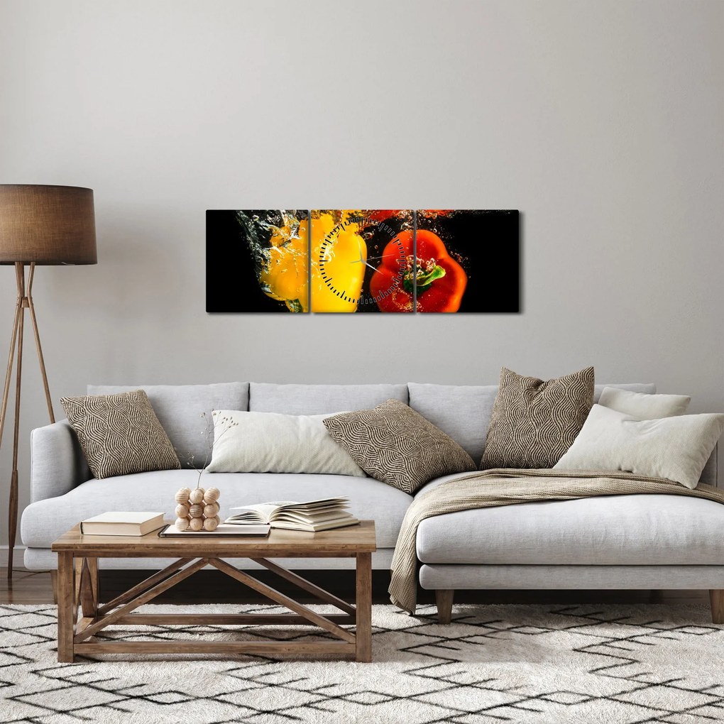 Obraz - papryki w wodzie (z zegarem) (90x30 cm)