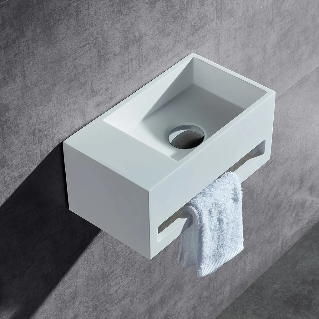 Umywalka ścienna BA2105Odlew mineralny - Biały mat - 35,5 x 20 x 16 cm - Wersja lewa i prawa