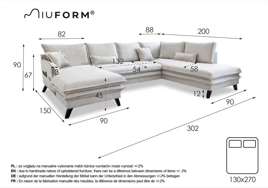 Jasnoszara rozkładana sofa w kształcie litery "U" Miuform Charming Charlie, prawostronna