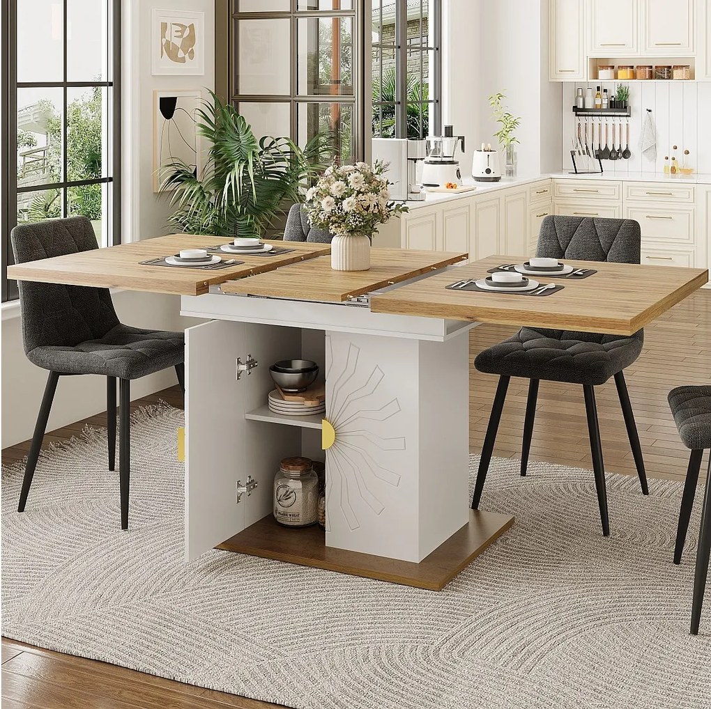 Zestaw obiadowy 5-elementowy - stół rozkładany z miejscem do przechowywania - 110(140) x 70 x 76 cm + 4 krzesła - płyta MDF - szary + biały