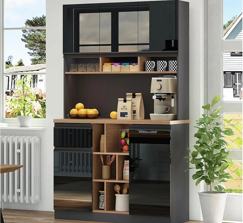 Nowoczesny bufet kuchenny 105×45×185 cm - 5 drzwi - regulowane półki - otwarte przechowywanie - czarny i naturalny