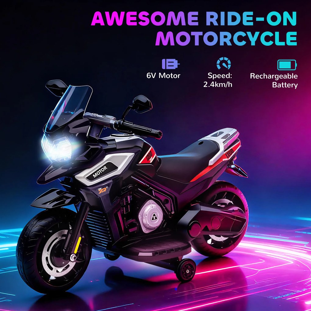 AIYAPLAY Elektryczny motocykl dla dzieci 18-36 miesięcy, pojazd do siadania, kółka pomocnicze, światła, muzyka, tworzywo sztuczne, stal, Schwarz