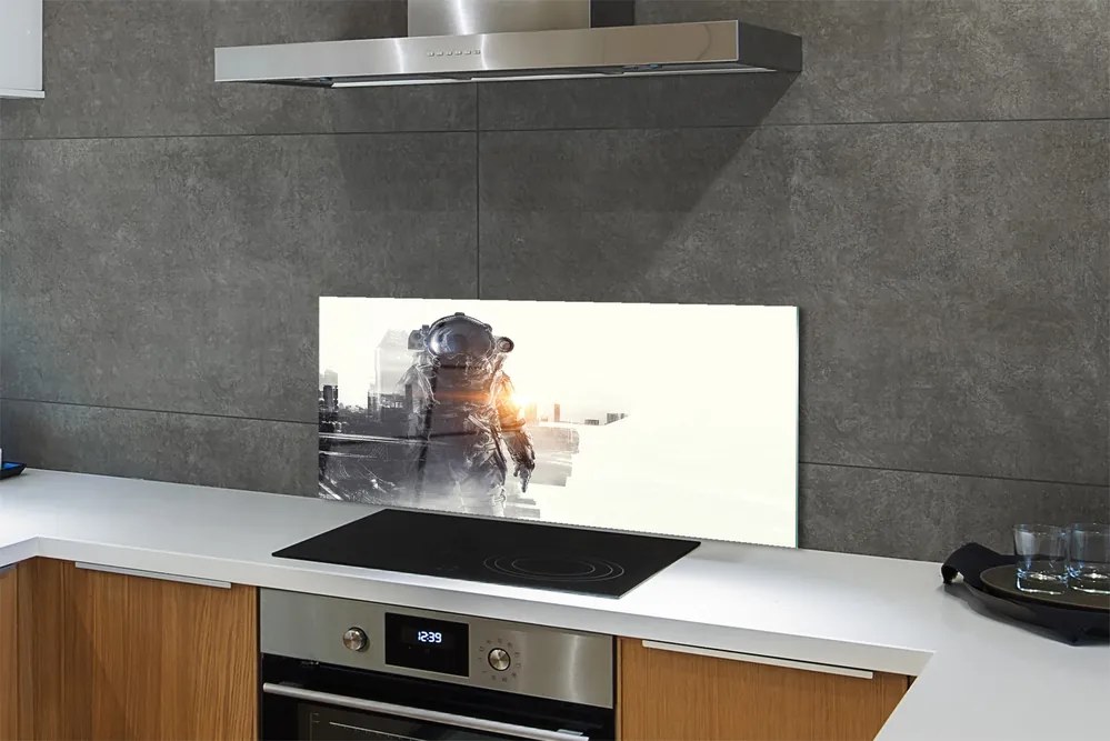 Szkło do Kuchni na Ścianę Postać na tle Panoramy Miasta