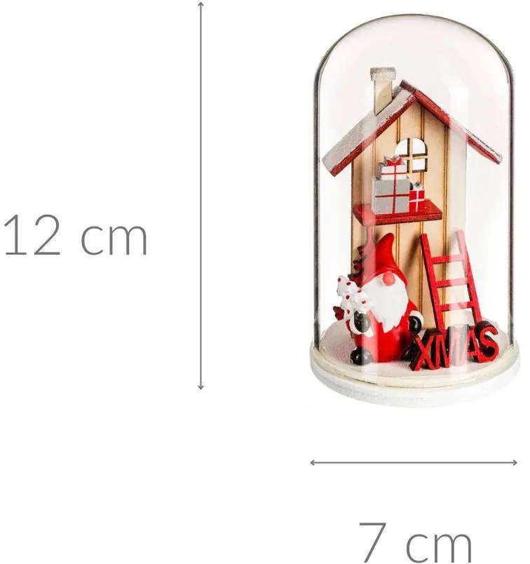 Kopuła szklana z drewnianym domkiem świątecznym, 12 cm