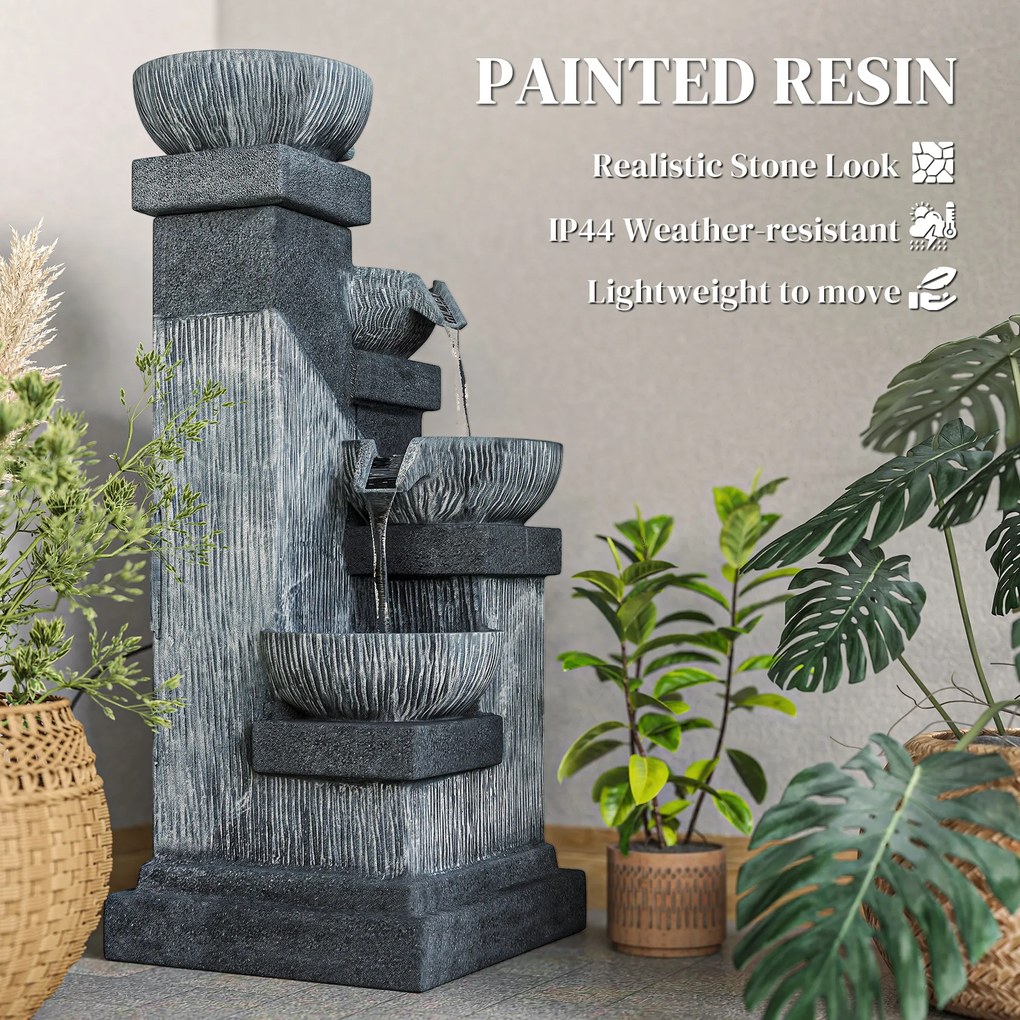 Outsunny 85 cm Zewnętrzna Fontanna, Czteropoziomowa Dekoracyjna Fontanna, Sztuczny Wodospad z Oświetleniem LED i Pompą, Szara