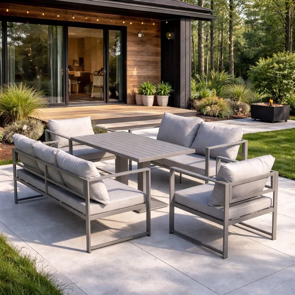 Zestaw mebli ogrodowych Bellagio 006 z sofami, fotelami i ławostołem, szary, poduszki szare