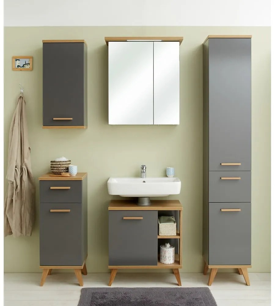 Szara wisząca szafka łazienkowa w dekorze dębu 35,5x74,5 cm Quickset 924 – Pelipal