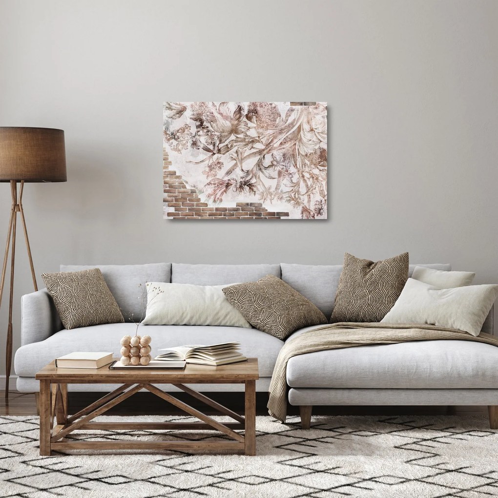 Obraz na szkle - Kwiatowy fresk na ceglanej ścianie (70x50 cm)