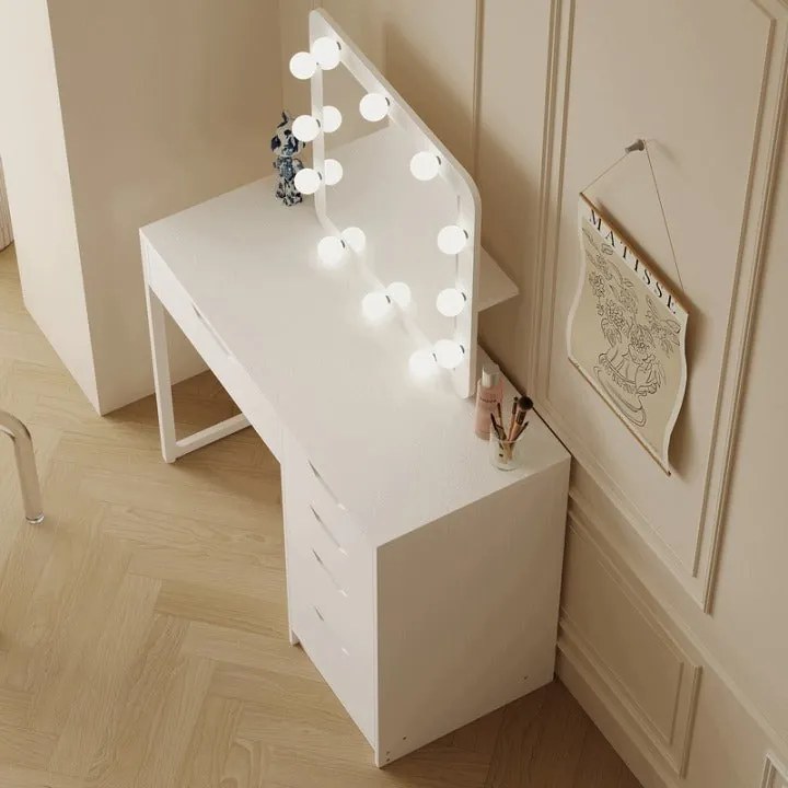 Toaletka Kosmetyczna z Lustrem LED Biała 100 cm 5 Szuflad Hollywood