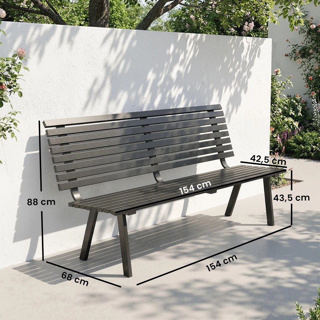 Outsunny Ławka ogrodowa 3-osobowa, odporna na warunki atmosferyczne, metalowa, z szerokim siedziskiem, lamelowy design, nośność 240 kg, 154 x 68 x 88 cm | Aosom PL