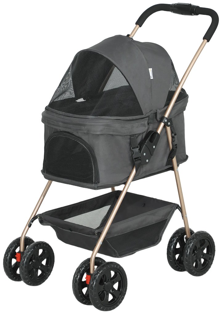 PawHut 3 w 1 Składany Wózek dla Zwierząt Domowych z 4 Kołami i Zdejmowaną Torbą dla Psów i Kotów, Szary