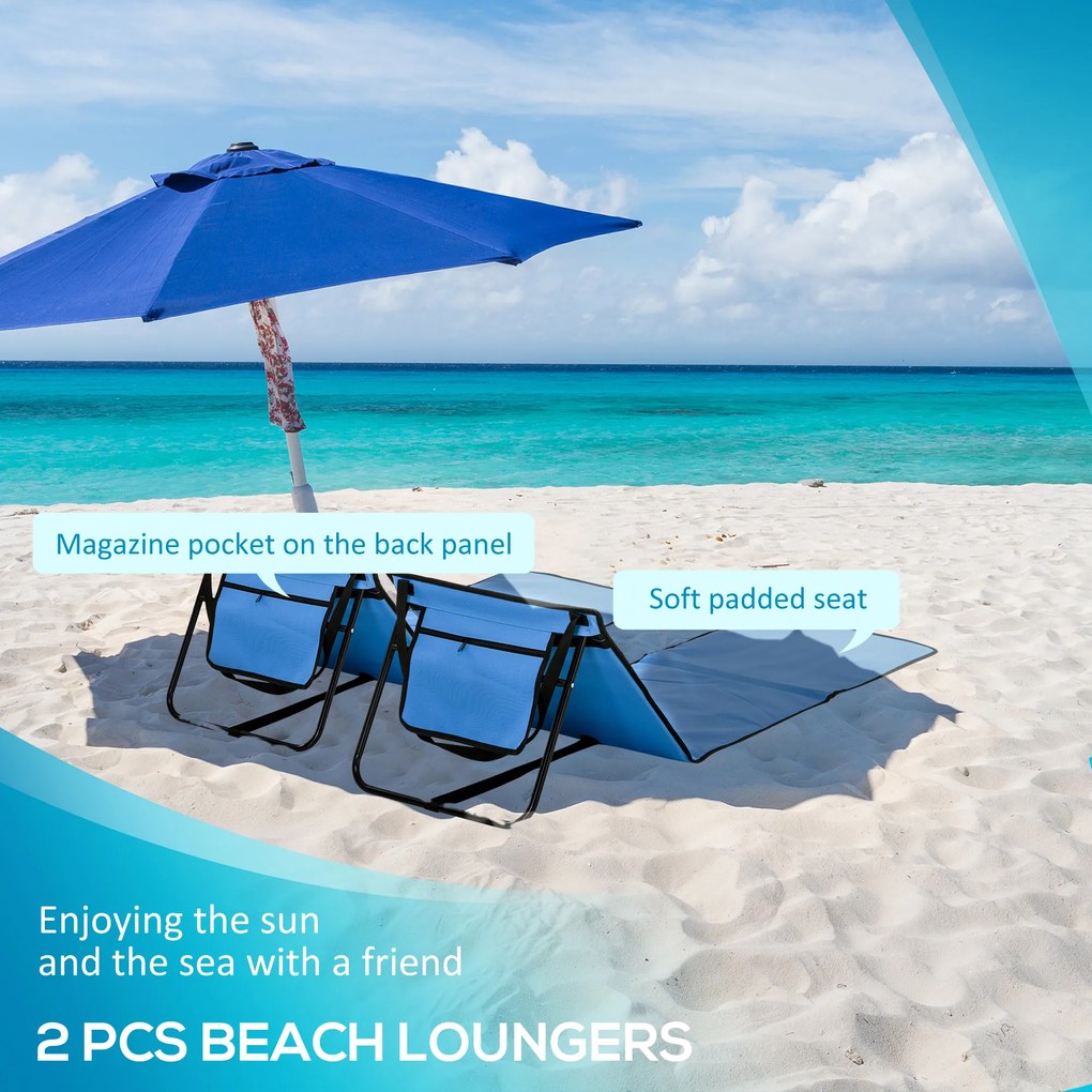 Outsunny Leżak plażowy, składany, z regulowanym oparciem, boczną kieszenią, miękką wyściółką, stalową ramą, Niebieski, 142x51x40 cm | Aosom PL