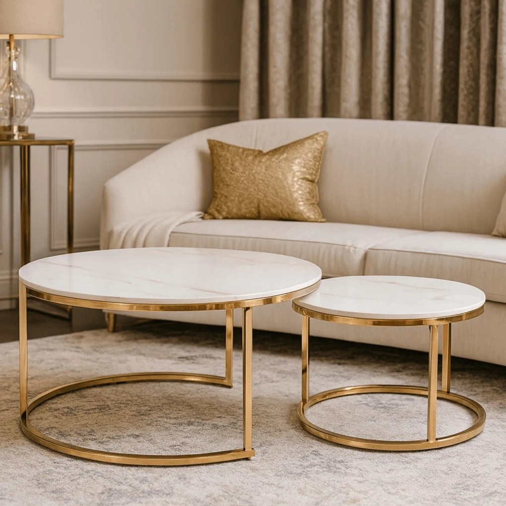 Zestaw Stolików Kawowych MILANO 60 cm/80 cm Biały Marmur/Złoty Glamour