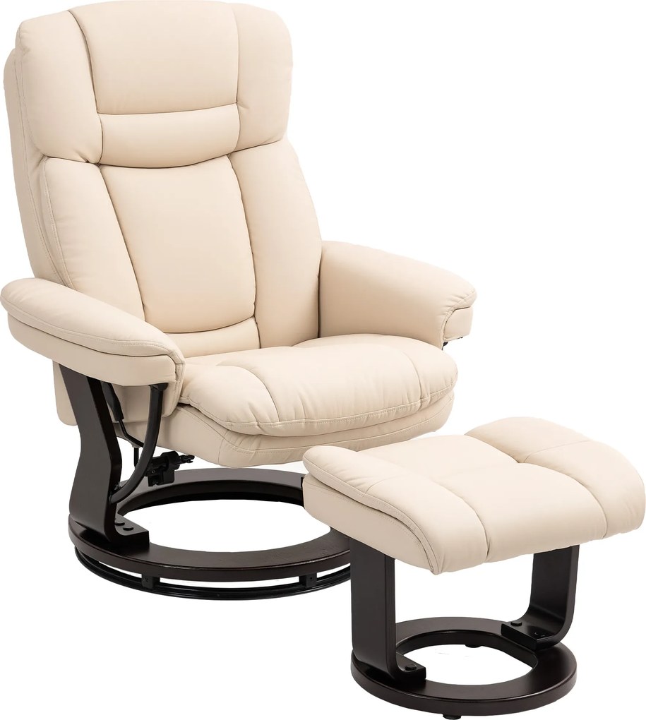 HOMCOM Fotel Relaksacyjny z Podnóżkiem, Regulowany Fotel, Pokrycie z Skóry Syntetycznej, Fotel z Odchylanym Oparciem, Kremowy