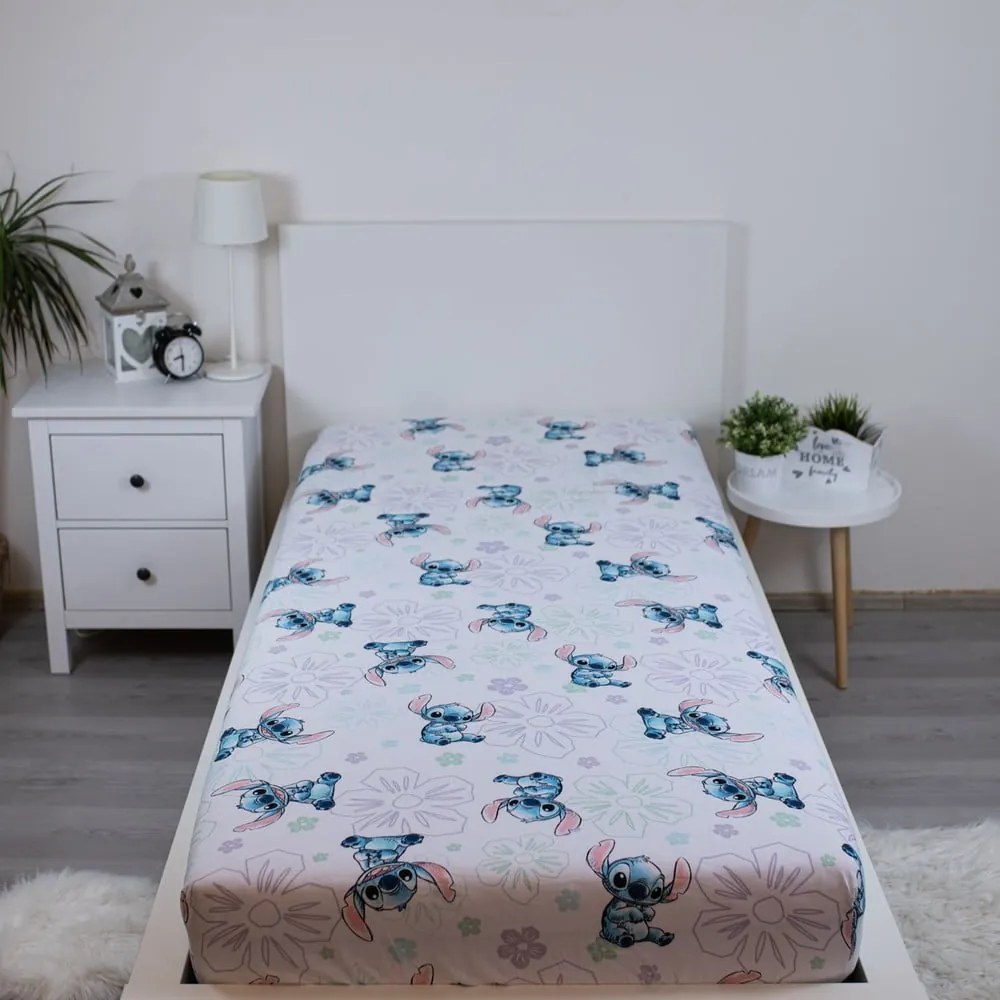 Białe bawełniane prześcieradło dziecięce z gumką jednoosobowe 90x200 cm Lilo and Stitch "Ohana White" – Jerry Fabrics