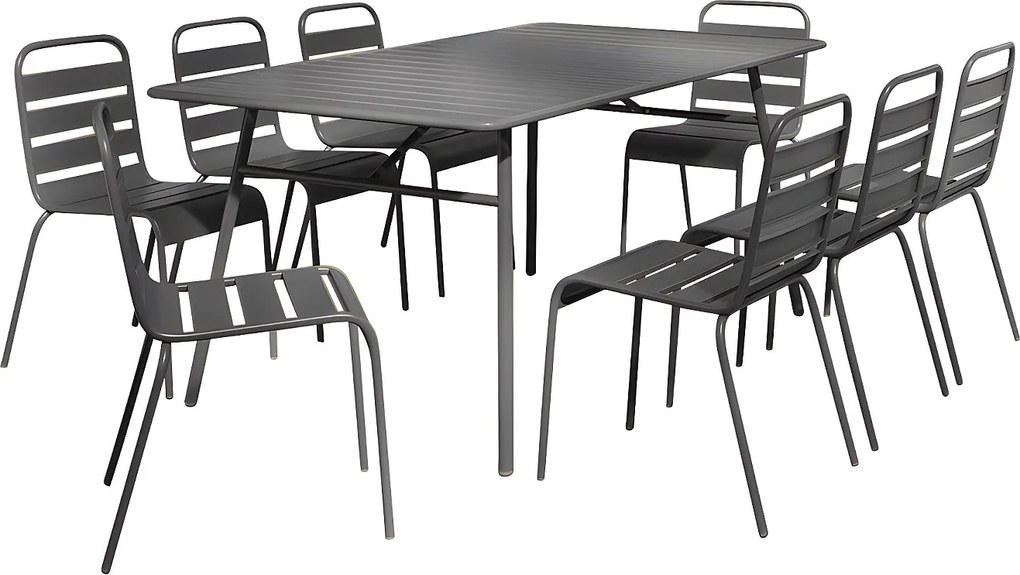 Zestaw mebli jadalnianych ogrodowych z metalu - stół o dł. 200 cm i 8 sztaplowanych krzeseł - antracytowy  - MIRMANDE marki MYLIA