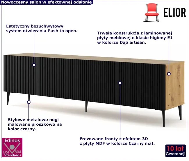 Szafka na TV dąb artisan z czarnym lamelowym frontem G3-T20