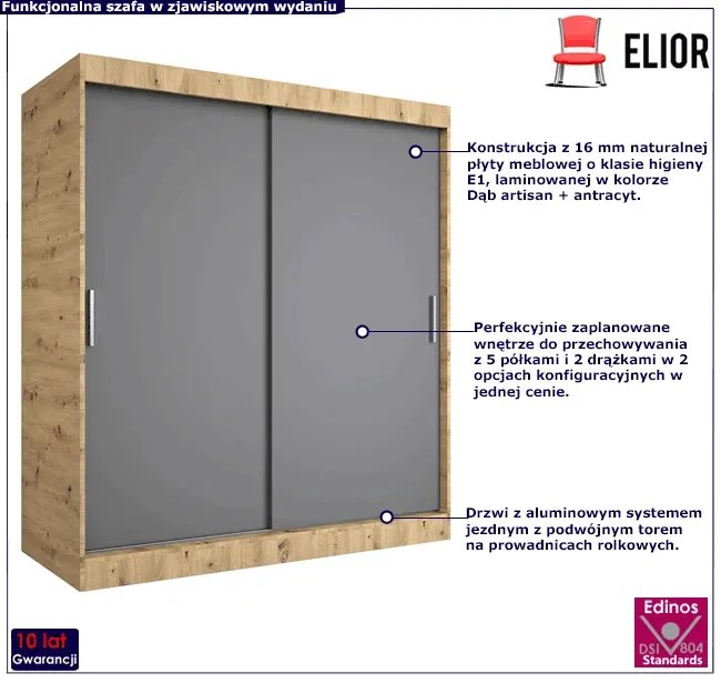 Szafa przesuwna 180 cm dąb artisan + antracyt - Erco 5X