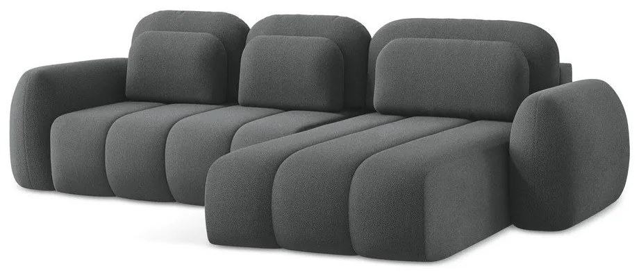 Ciemnoszary rozkładany narożnik z materiału bouclé ze schowkiem (prawostronny/z szezlongiem) Pele – Makamii