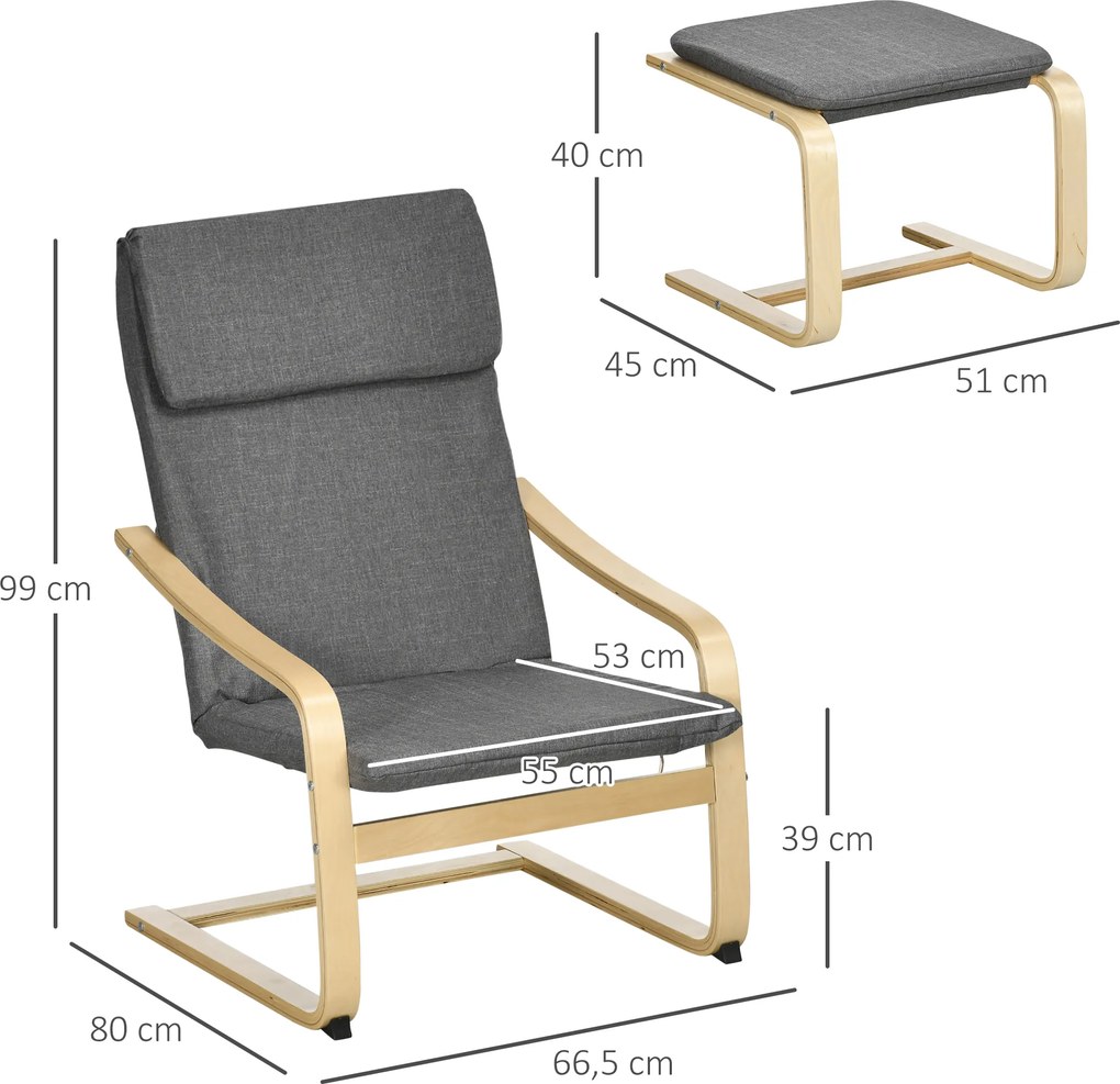 HOMCOM Fotel Relaksacyjny z Podnóżkiem Szary Lniany Pokrycie Drewniana Rama Wygodne Siedzisko z Podłokietnikami | Aosom PL