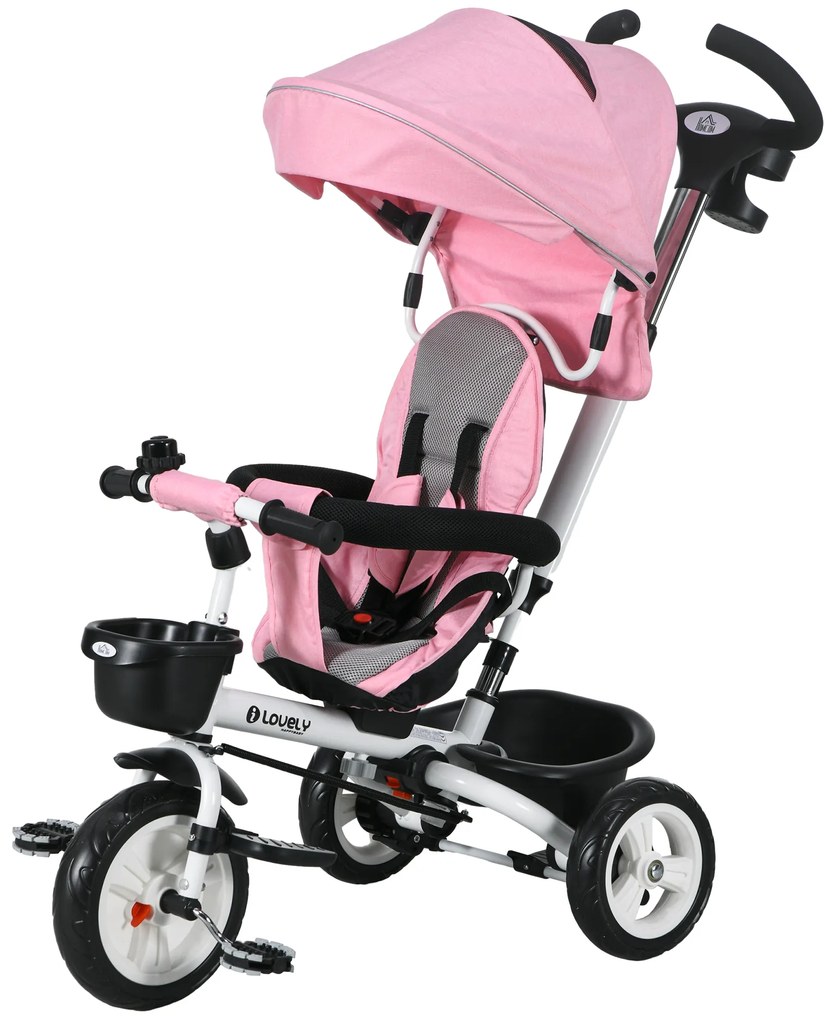 HOMCOM 6-w-1 Dziecięce Trójkołowiec z Rączką do Pchania, Daszek, Pas bezpieczeństwa, Koszyk, 18+ Miesięcy, Różowy