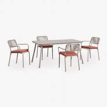 Zestaw Stołu Prostokątnego 160x90 Cm I 4 Sztaplowanych Krzeseł Ogrodowych Z Plecionej Liny Arhiza Brązowy Moka - Terakota - Sklum