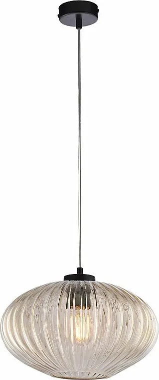 Lampa wisząca Ginger z czarnego lakierowanego żelaza, regulowany kabel, klosz z bursztynowego szkła dmuchanego z paskami reliefowymi, 1 światło