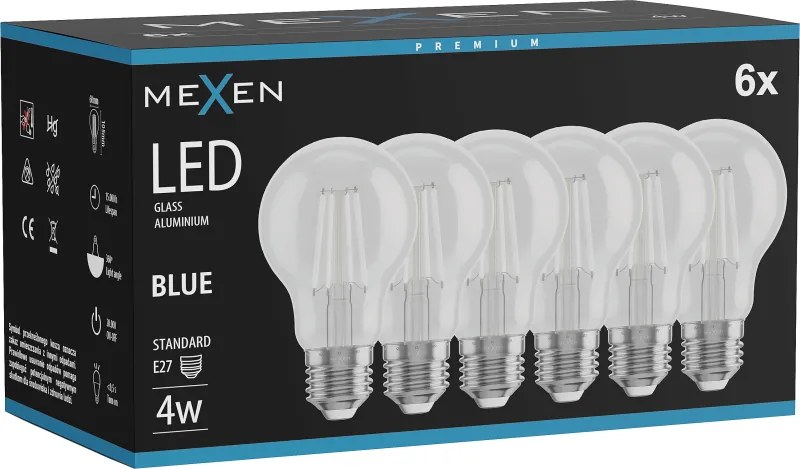 Mexen Vintis 6x żarówka filament LED E27, A60, 4W, 55 lm, blue - L150-E27-04XX-47x06