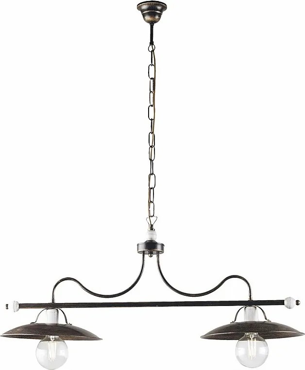 Żyrandol piwniczny lakierowane żelazo brązowe ze złotymi zdobieniami i białymi wykończeniami, 2 lampy, 87x30 cm