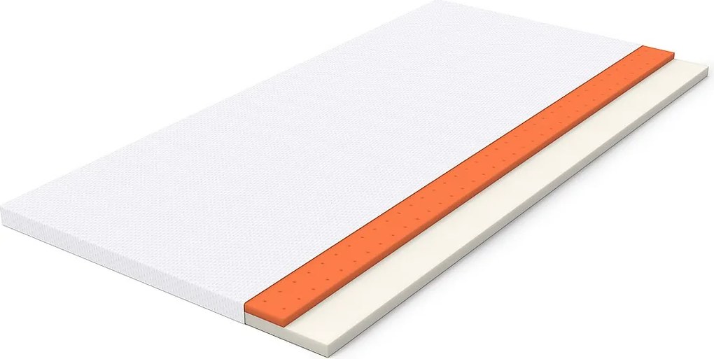 Wygodny materac H3, średnie wsparcie, certyfikat Eco-Tex, nadający się do prania, wysokość 5 cm, wymiary 160x200 cm, pomarańczowa pianka, biały materac.