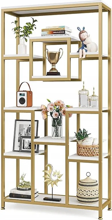 180 cm wysoka złota biblioteczka, nowoczesna wolnostojąca biblioteczka z 11 otwartymi półkami