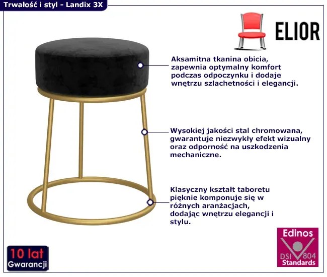 Aksamitny czarny taboret metalowy glamour - Viena 3X