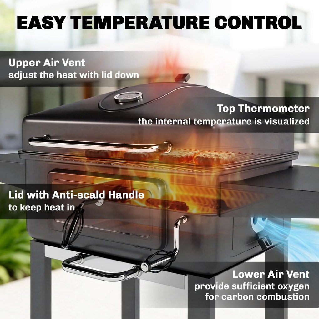 Outsunny Grill węglowy BBQ Smoker z pokrywą, termometrem, regulowaną tacą na węgiel, rusztem, bocznym stołem i szufladą na popiół | Aosom PL